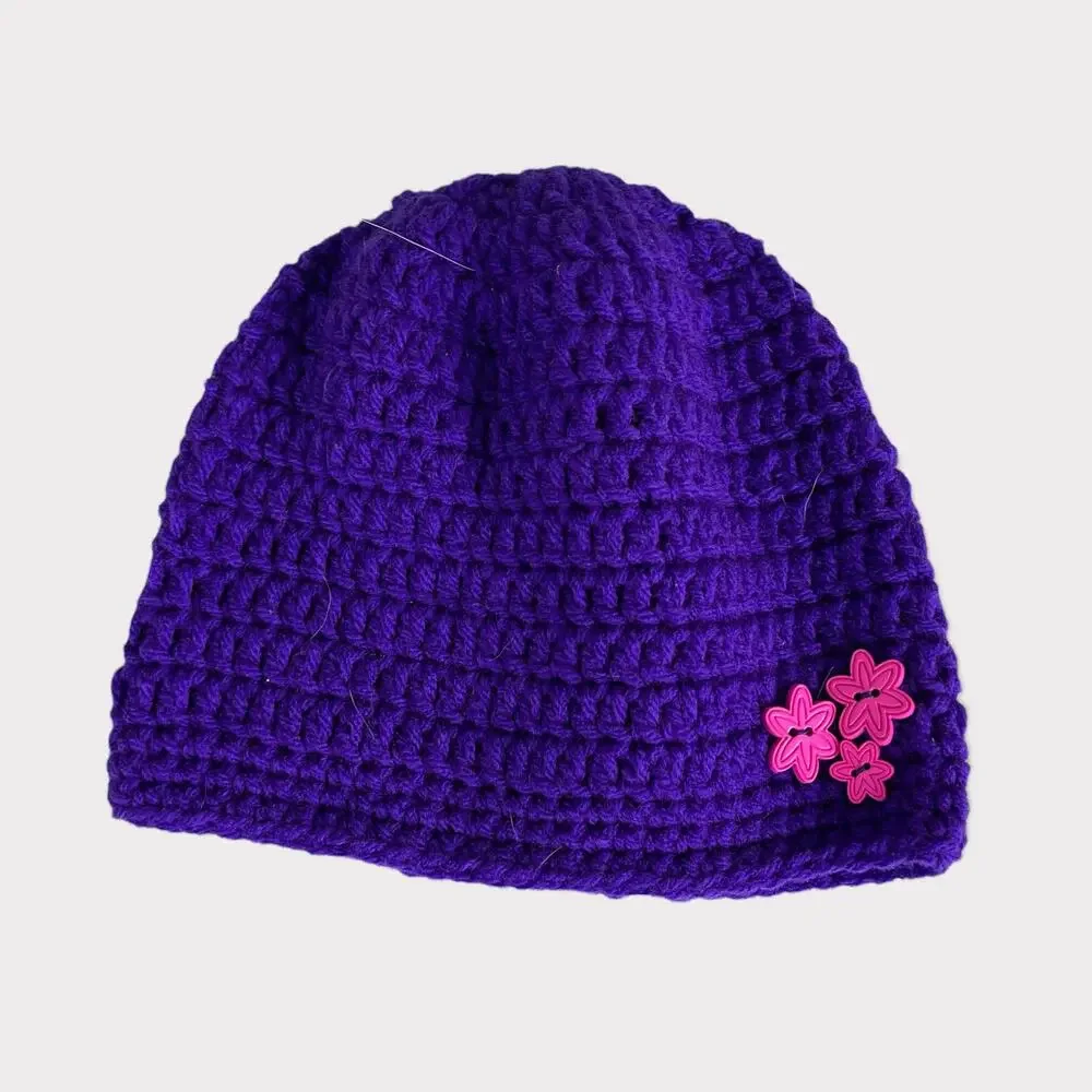 Hand Knit Crochet Girls Hat Beanie Purple with Pink Flower Buttons
